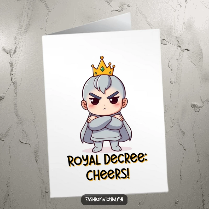 Funny Free Printable Congrats Card: Character poses dramatically, arms crossed, crowned, celebrating a win. DIY gift.