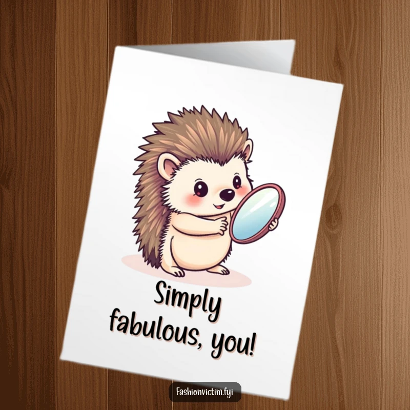 Funny Free Printable Congratulations Card: A charming hedgehog admiring its glorious reflection in a handheld mirror, celebrating a personal victory.