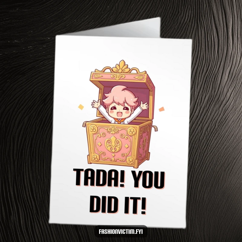 Funny Free Printable Congrats Card showing a character bursting from an ornate box with arms outstretched, celebrating a huge success.