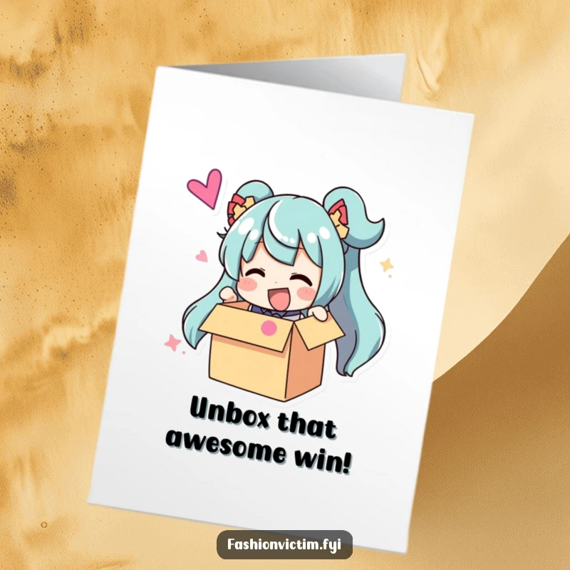 Funny Free Printable Congrats Card: Excited character unboxing a ridiculously large, brightly colored accessory with pure joy.