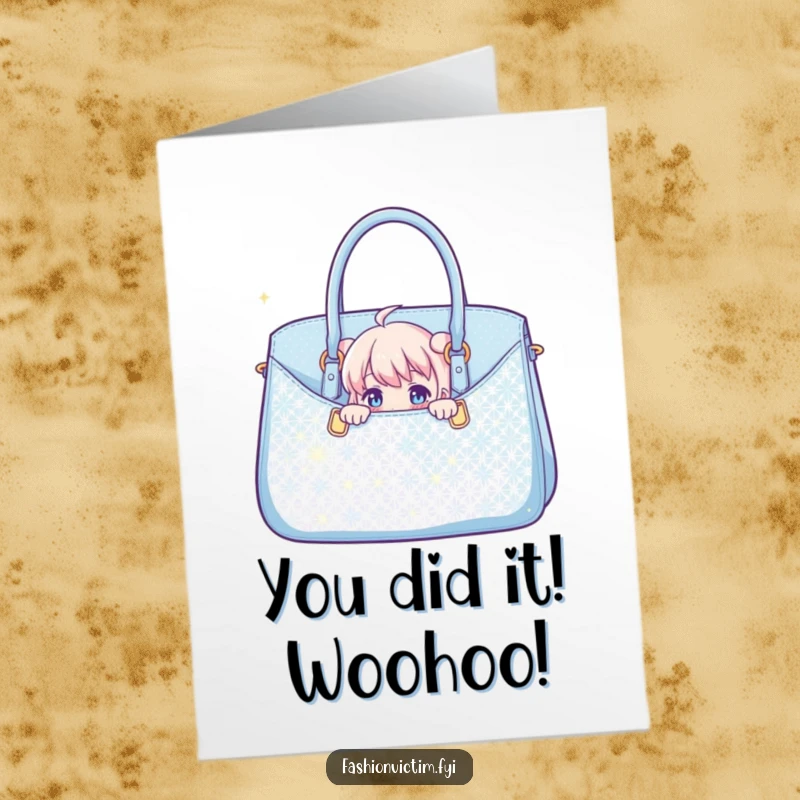 Funny Free Printable Congratulations Card: Character peeking from behind a glamorous sparkly handbag, celebrating a win.