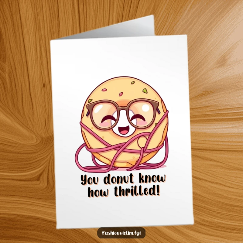 Funny Free Printable Congratulations Card: Giggling doughnut with glasses, hilariously tangled in yarn, celebrating success.