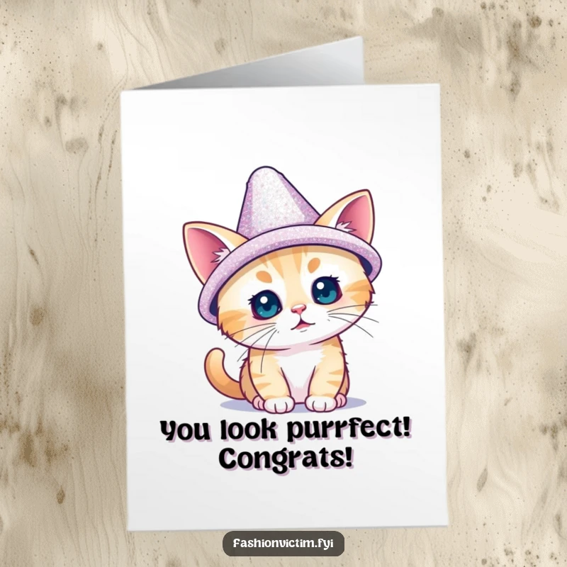 Funny Free Printable Congratulations Card: Tiny cat wearing an oversized sparkly hat, celebrating success with charm.