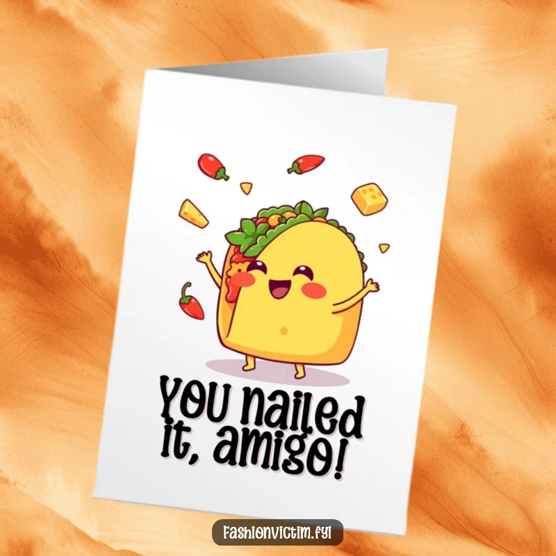 Funny Free Printable Congrats Card: A cheerful Kawaii taco juggles spicy delight, celebrating success with zest.