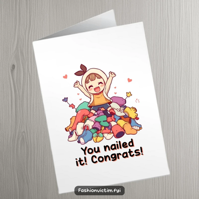 Funny Free Printable Congratulations Card: Character joyfully jumping into a colorful heap of clothes, celebrating a stylish victory.