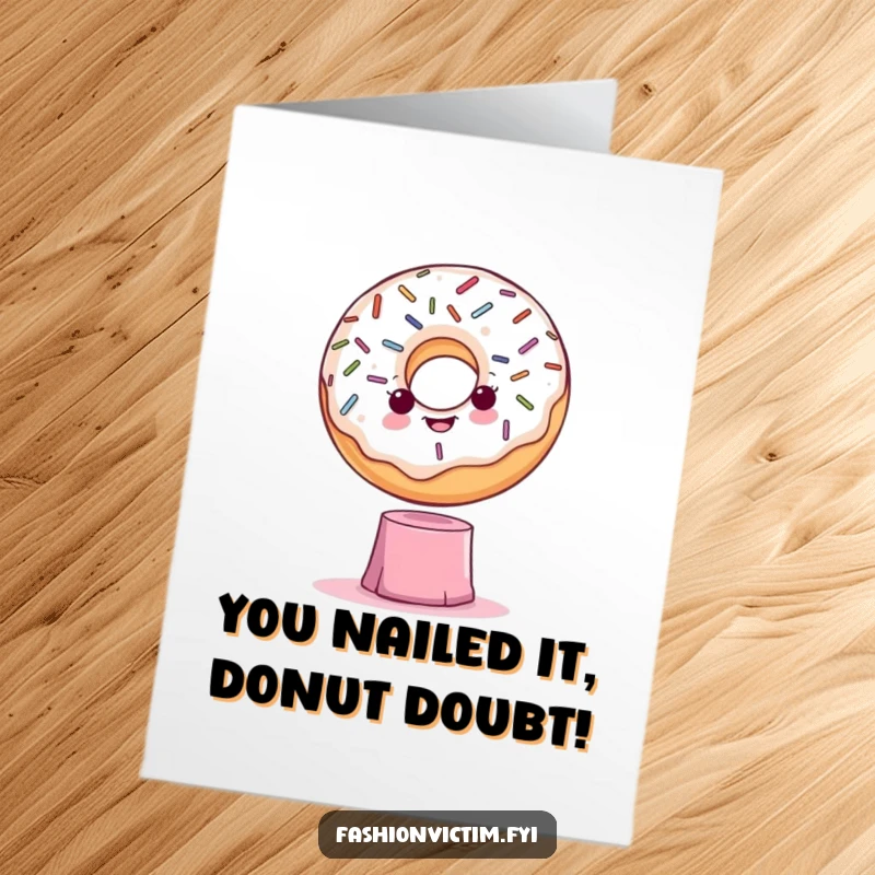 Funny Free Printable Congratulations Card: A dramatic donut with sprinkles strikes a triumphant pose on a wobbly pedestal, celebrating success.