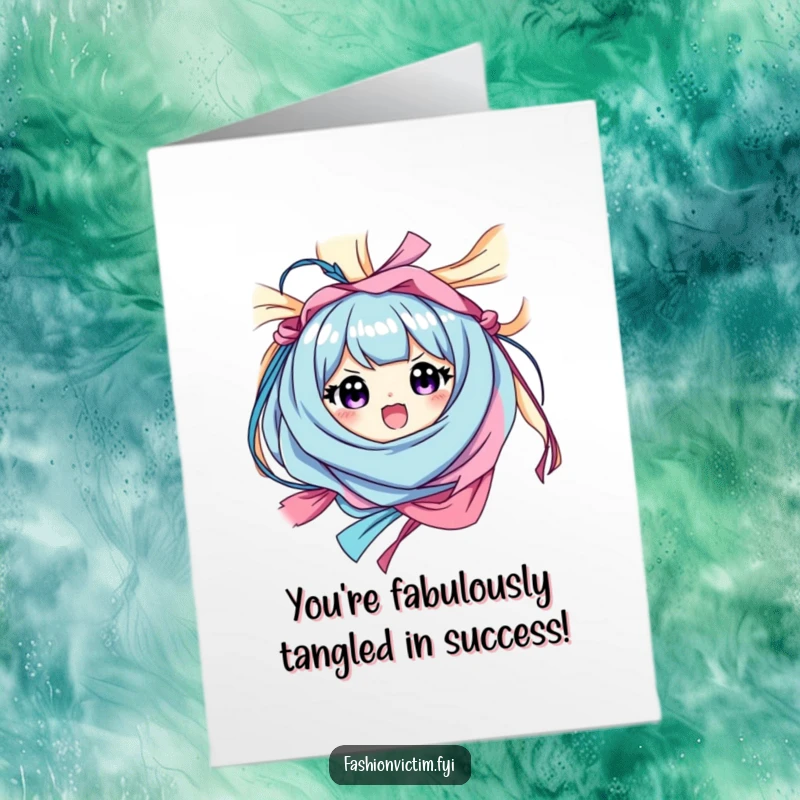 Funny Free Printable Congrats Card: Character beaming happily, caught in a playful tangle of colorful cloth.