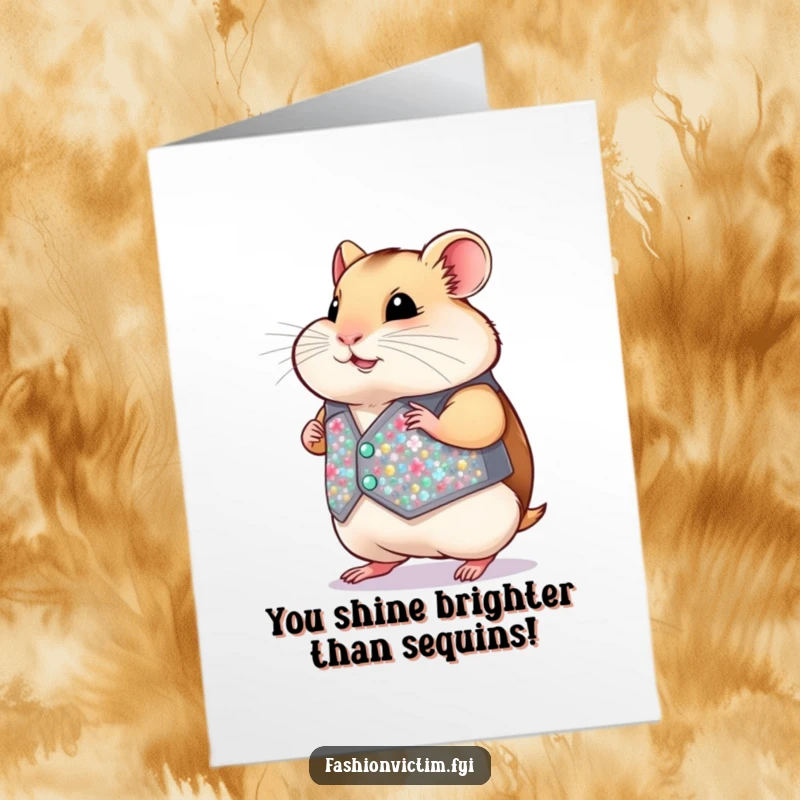 Funny Free Printable Congrats Card: Chubby hamster in a tiny sequined vest, strutting with pride for a hilarious congratulatory message.