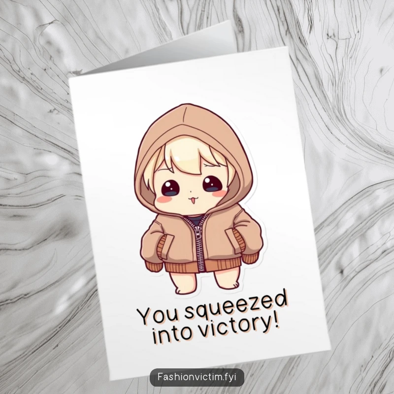 Funny Free Printable Congrats Card: Character humorously straining to zip up a jacket that is clearly too small.