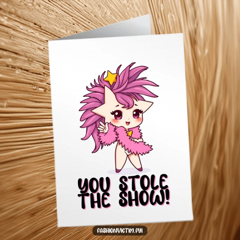 Funny Free Printable Congratulations Card: A tiny star character posing elegantly with a luxurious feather boa, radiating stardom.