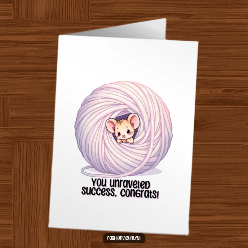 Funny Free Printable Congrats Card: A confused mouse is stuck in a giant yarn ball, celebrating a hard-won success.