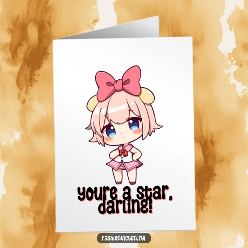 Funny Free Printable Congratulations Card: Confident character with a giant bow striking an empowered pose, celebrating a win.