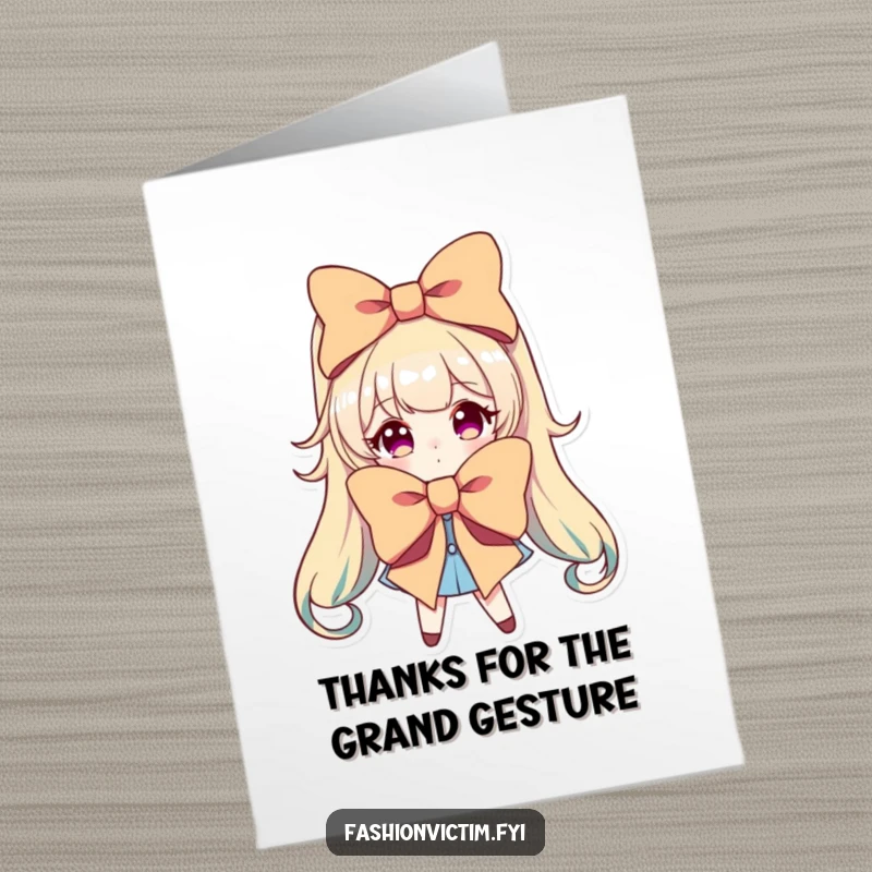 Funny Free Printable Thank You Card: Character dramatically posing with a very large, colorful bow, a thankful flourish.