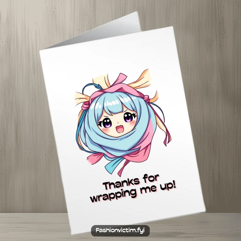 Funny Free Printable Thank You Card: Gleeful person tangled in bright fabric with a look of happy surprise.