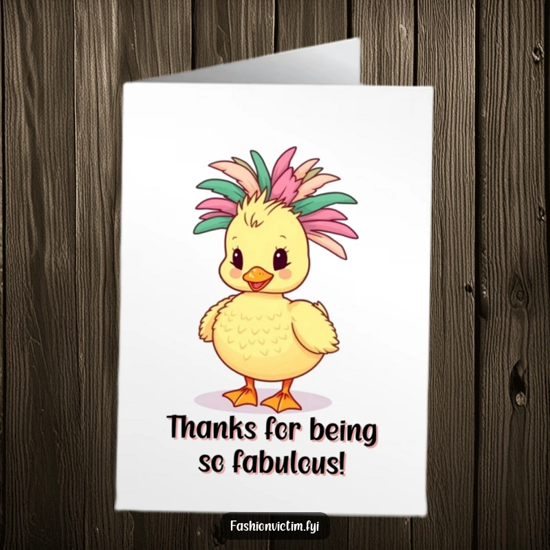 Funny Free Printable Thank You Card: Flamboyant duckling in a boa, expressing thanks with hilarious style, a cute downloadable gift.
