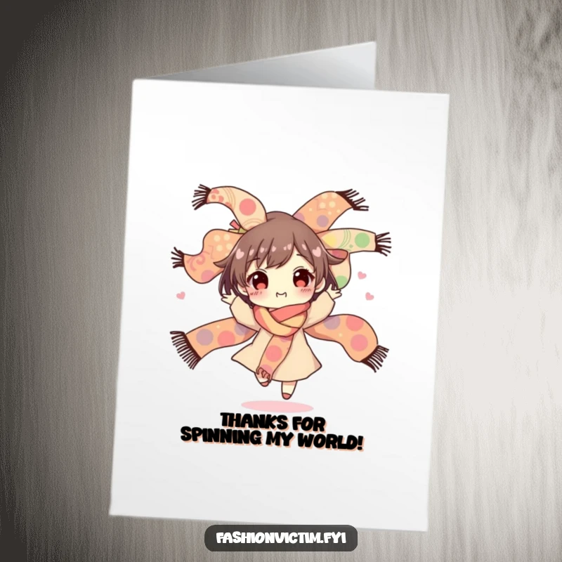 Funny Free Printable Thank You Card: Character happily spinning with a dazzling bouquet of patterned scarves, offering thanks with a festive flourish.