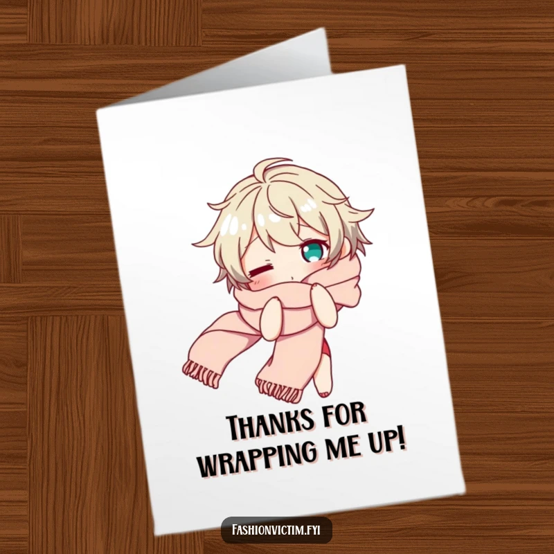Funny free printable thank you card of a Character tangled in a long scarf, looking comically bewildered, a humorous thank you.