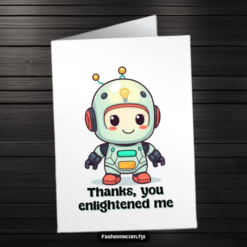 Funny Free Printable Thank You Card: A cute robot with a lightbulb head looking pleased, a smart way to express gratitude.