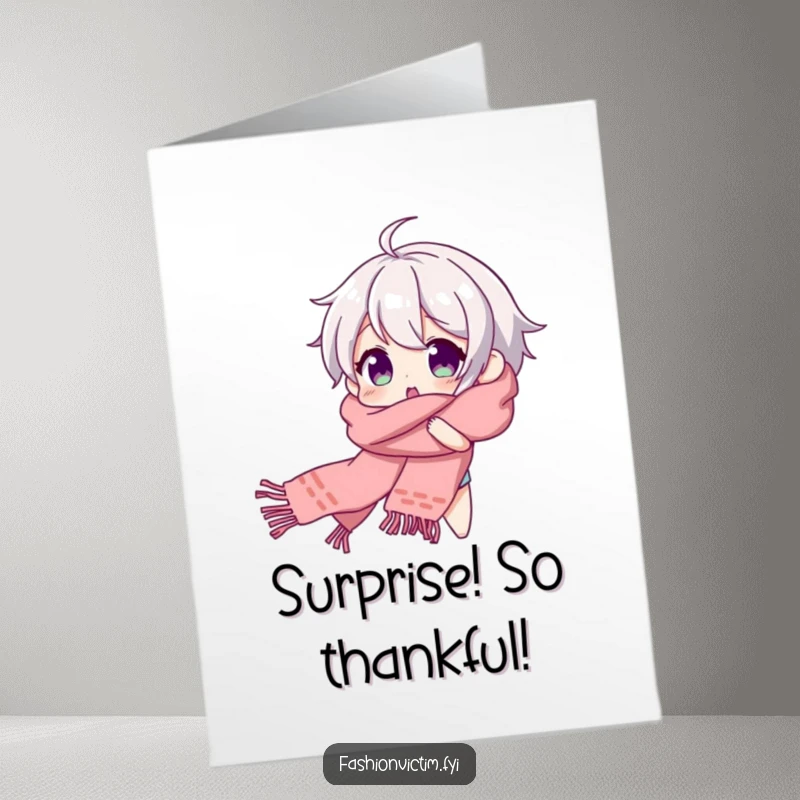 Funny Free Printable Thank You Card showing a character beaming with surprise, tangled in a long, flowing scarf.