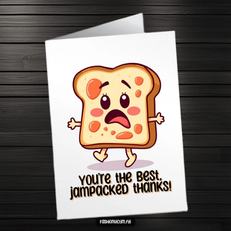 Funny Free Printable Thank You Card: Surprised toast with jam splotches, making a fashionably awkward runway debut.