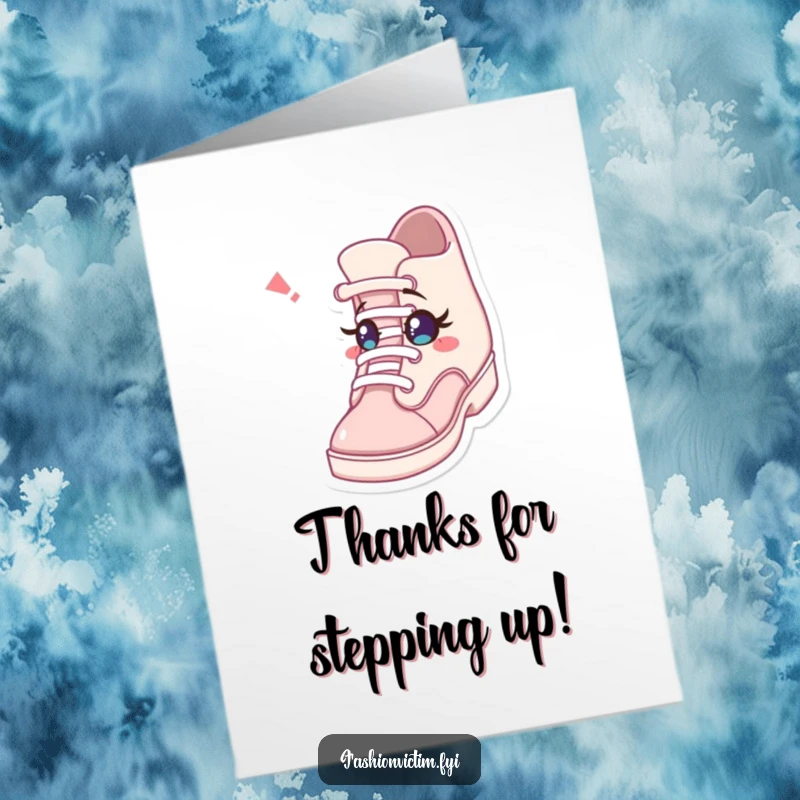 Funny Free Printable Thank You Card: Character surprised by a shoe winking a tiny eye, offering thanks in the most unexpected way.