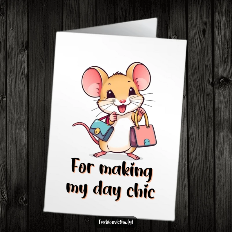 Funny Free Printable Thank You Card: A tiny, fashionable mouse holding a designer handbag, conveying chic gratitude and appreciation.