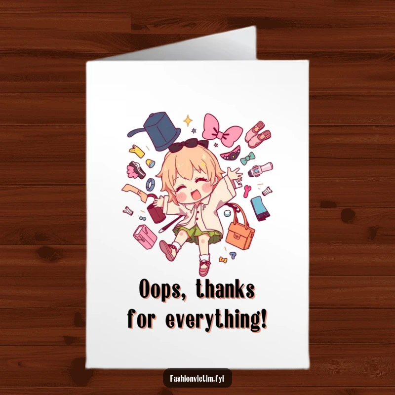 Funny Free Printable Thank You Card: Character dramatically trips, fashion items flying, offering thanks amidst chaos. DIY gift.