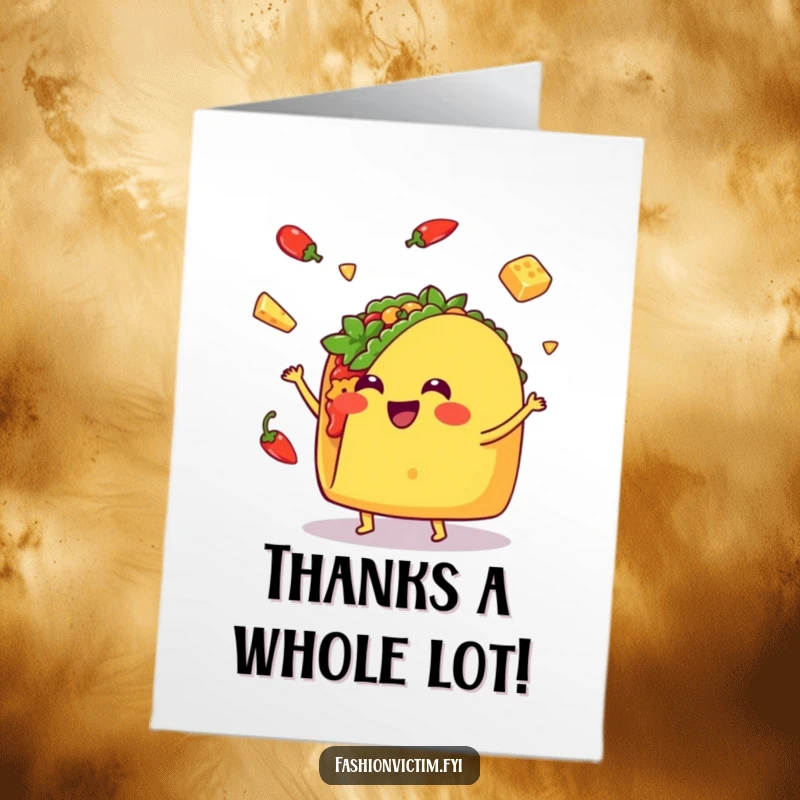Funny Free Printable Thank You Card: A happy Kawaii taco juggles fun, expressing thanks with a spicy flourish.