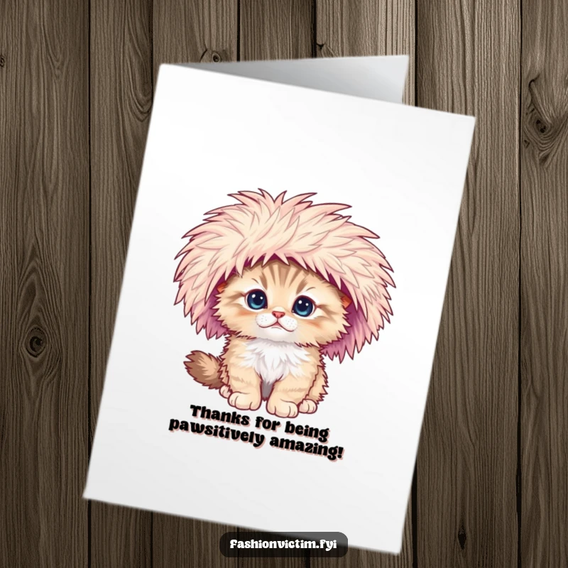Funny Free Printable Thank You Card: A fluffy kitten struggling to stay upright in an oversized, feathered hat.