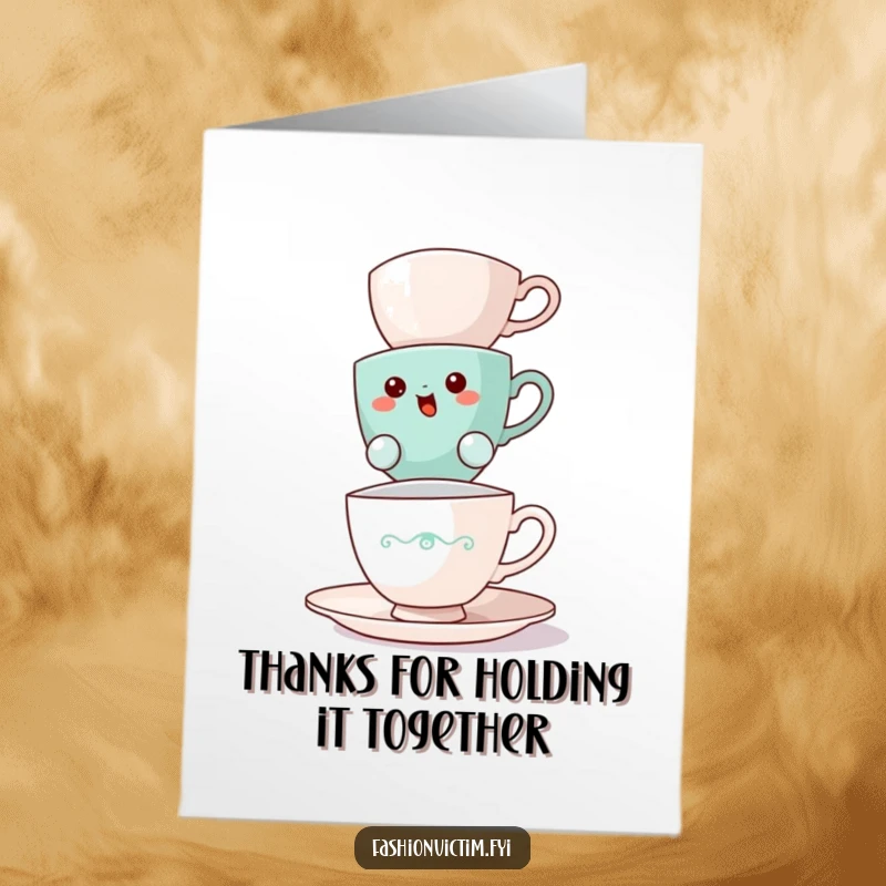 Funny Free Printable Thank You Card: A teacup looks overwhelmed trying to balance many cups, offering thanks.