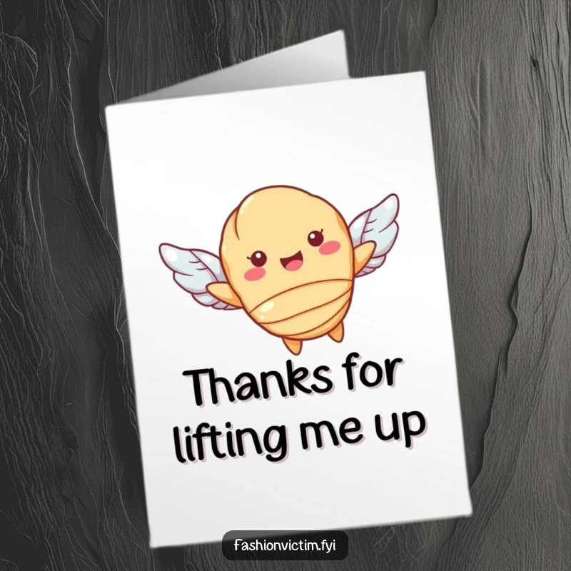 Funny Free Printable Thank You Card: Smiling croissant character soaring on tiny wings, offering thanks with a downloadable sweet gesture.