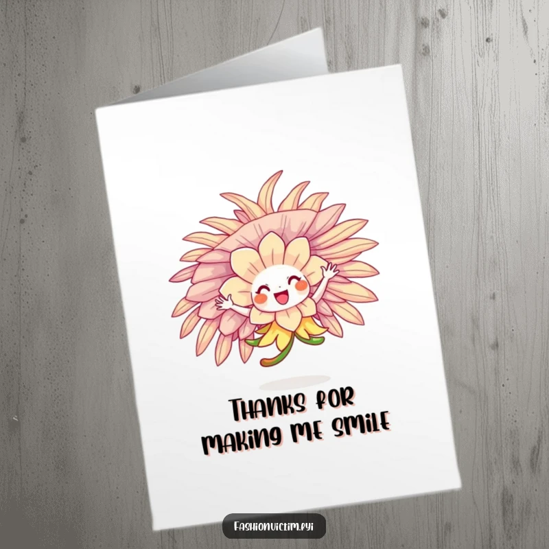 Funny Free Printable Thank You Card: A happy flower character twirling joyfully in an oversized, feathered hat, sending thanks with flair.