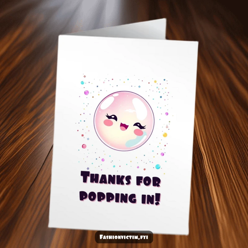 Funny Free Printable Thank You Card: A happy bubble character popping with delight amidst a glittering cascade of sequins, conveying thanks brightly.