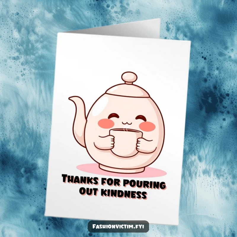 Funny free printable thank you card featuring a shy, blushing teapot character offering a warm cup, a perfect humorous DIY gift.