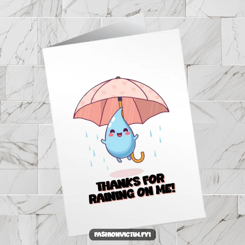 Funny Free Printable Thank You Card: Playful raindrop character happily bouncing on a patterned umbrella.