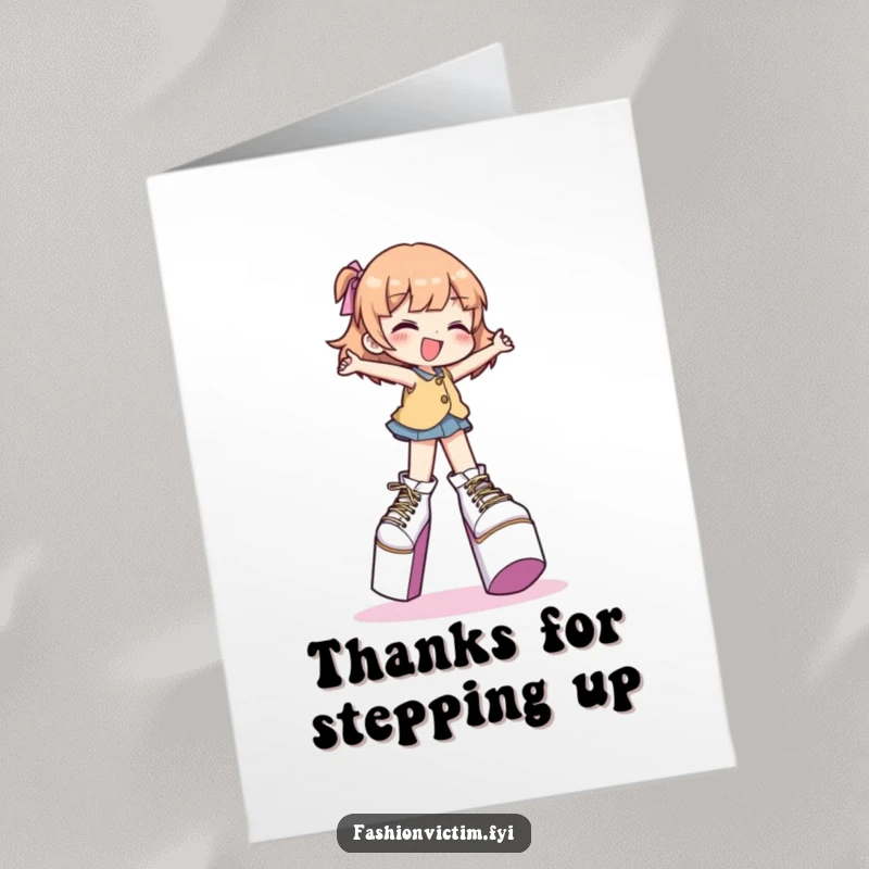 Funny Free Printable Thank You Card: Character gleefully navigating huge platform shoes, a unique and funny thank you.