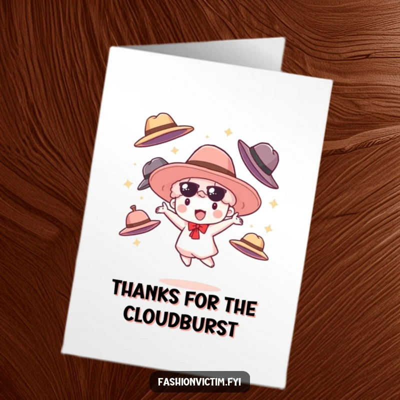 Funny Free Printable Thank You Card: Small cloudburst character happily juggles oversized fashionable hats, perfect for DIY.