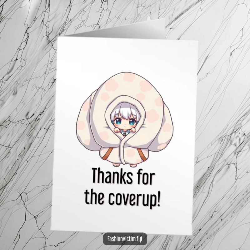 Funny Free Printable Thank You Card: Character peeks shyly from a massive, patterned garment, offering thanks with a comical touch. A sweet downloadable.