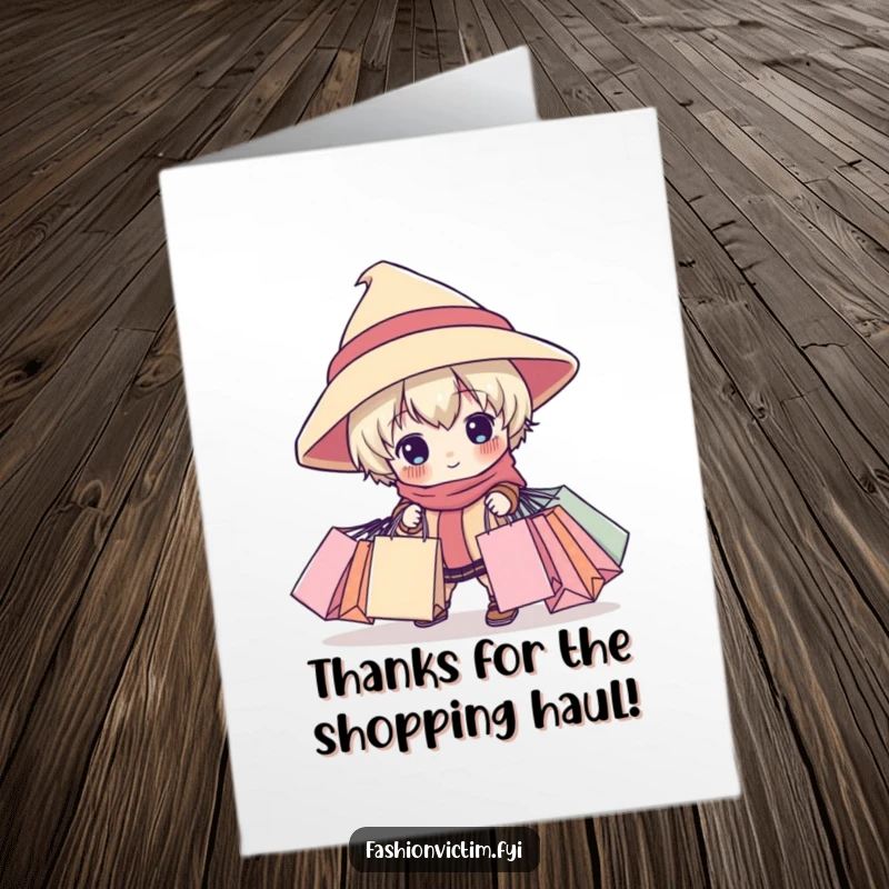 Funny free printable thank you card with a child tripping over shopping bags, a humorous way to say thanks.