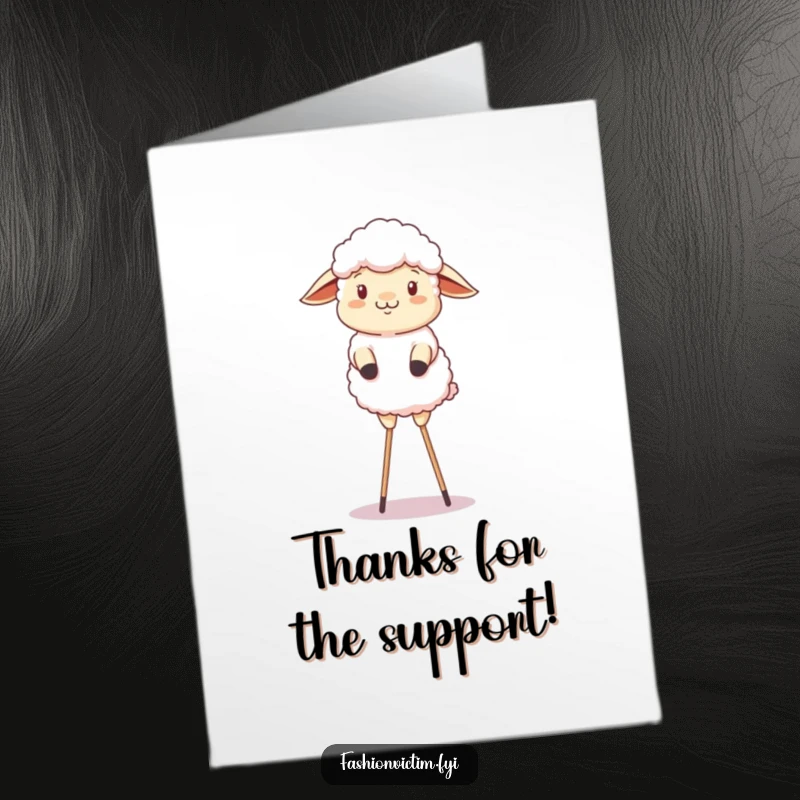 Funny Free Printable Thank You Card featuring a fluffy sheep wobbling on stilts, conveying thanks.