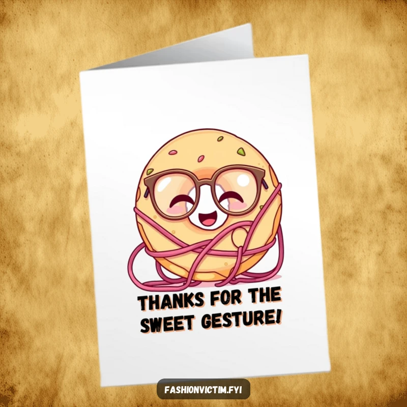 Funny Free Printable Thank You Card: Giggling doughnut wearing glasses, playfully tangled in yarn, expressing thanks.