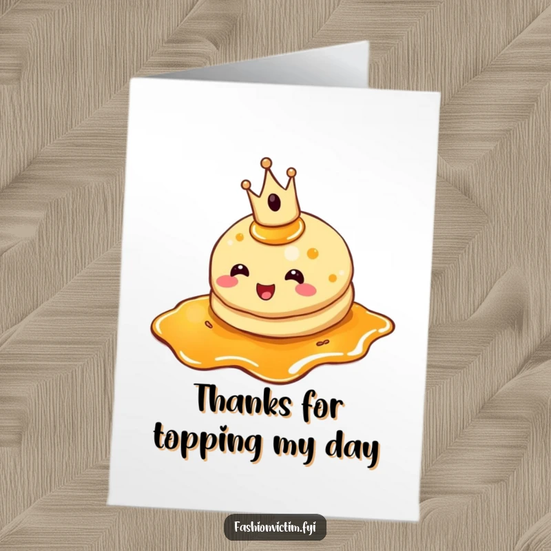Funny Free Printable Thank You Card: A pancake with a crown tumbles slightly, offering a sweet thank you.