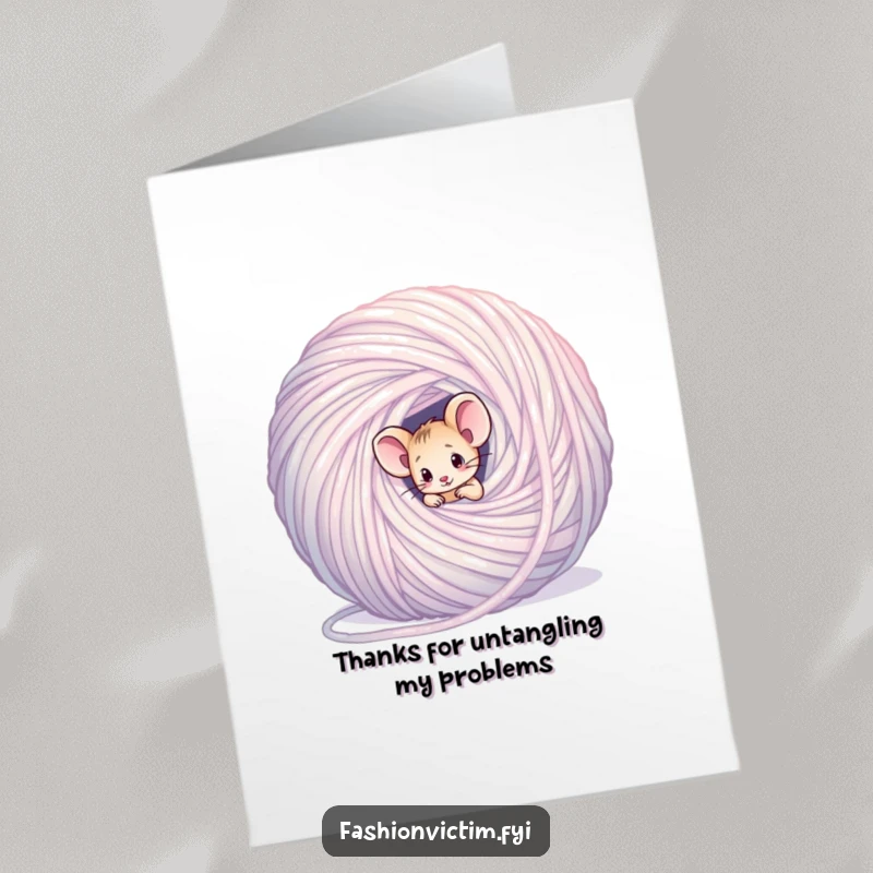 Funny Free Printable Thank You Card: A tiny mouse is wonderfully tangled in yarn, offering a confused thank you.