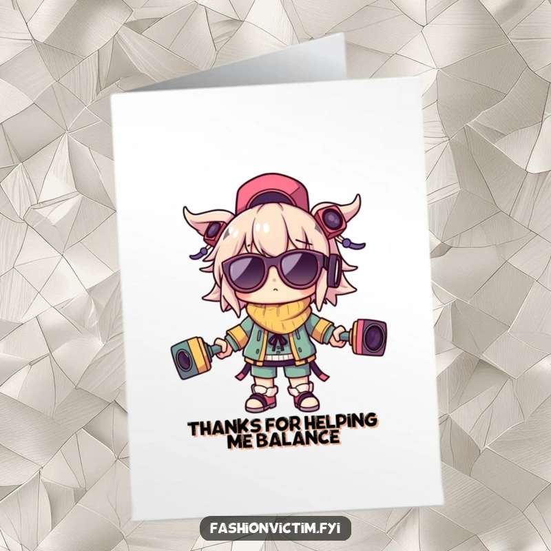 Funny free printable thank you card of a character attempting to balance many accessories, offering thanks with a comical twist.