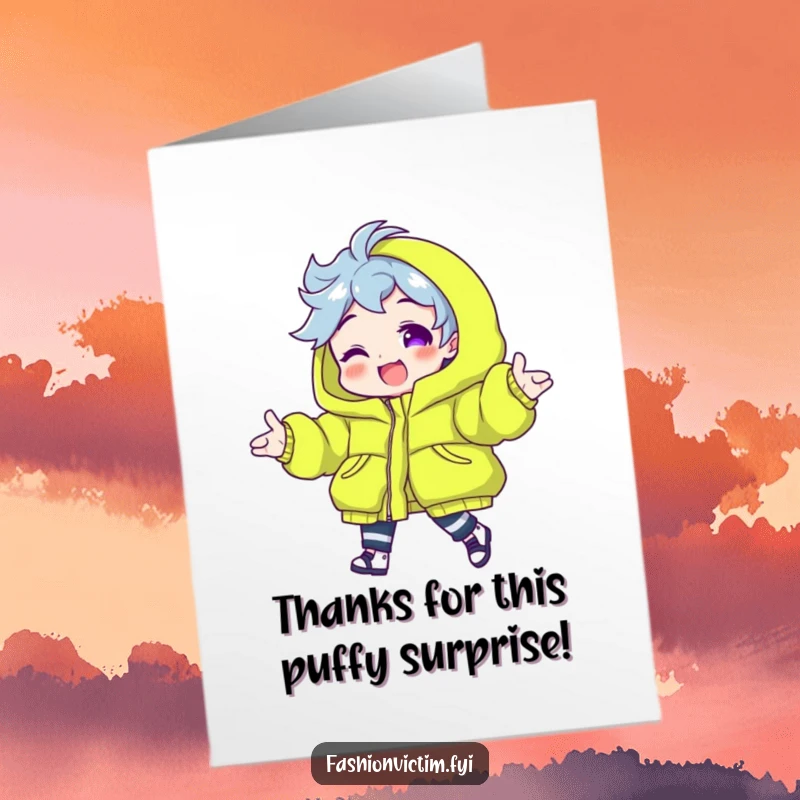 Funny free printable thank you card of a character modeling a neon green puffy jacket, offering thanks with vibrant style.
