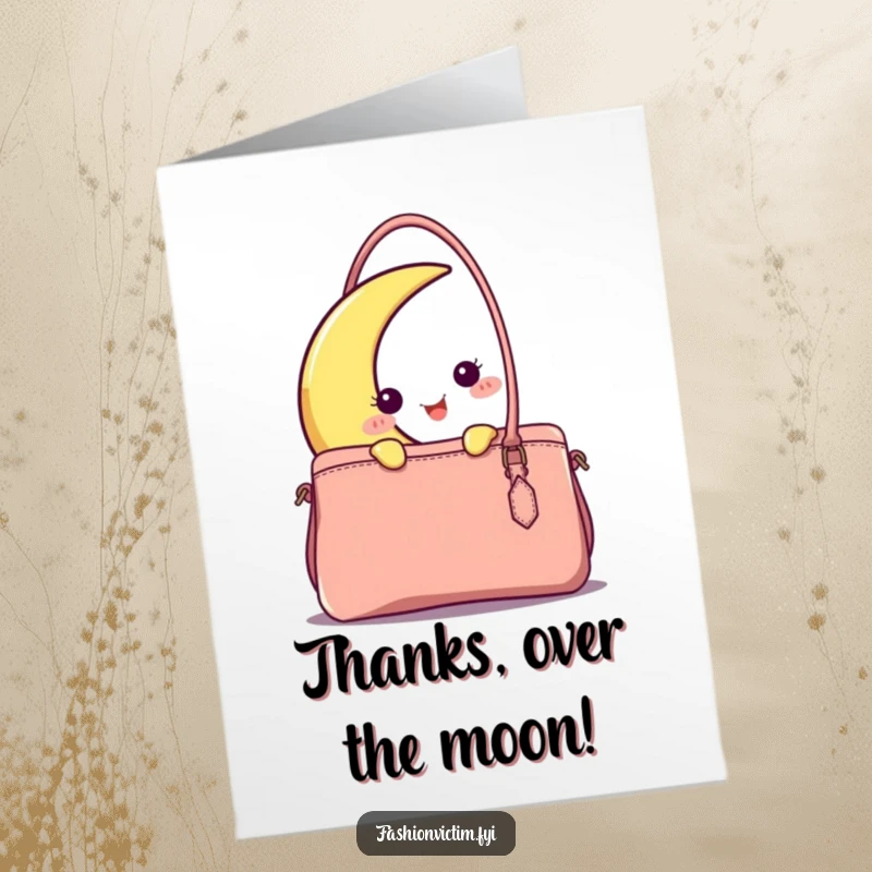Funny Free Printable Thank You Card: A cheerful crescent moon character peeking out playfully from behind a stylish designer handbag, a downloadable expression of thanks.