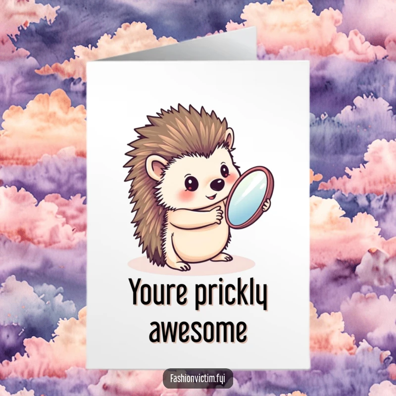 Funny Free Printable Thank You Card: A charming hedgehog admiring its own fabulousness in a handheld mirror, spreading thanks.
