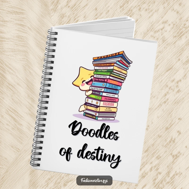 Funny star character giggling while balancing a massive stack of fashion magazines on the cover of a notebook.