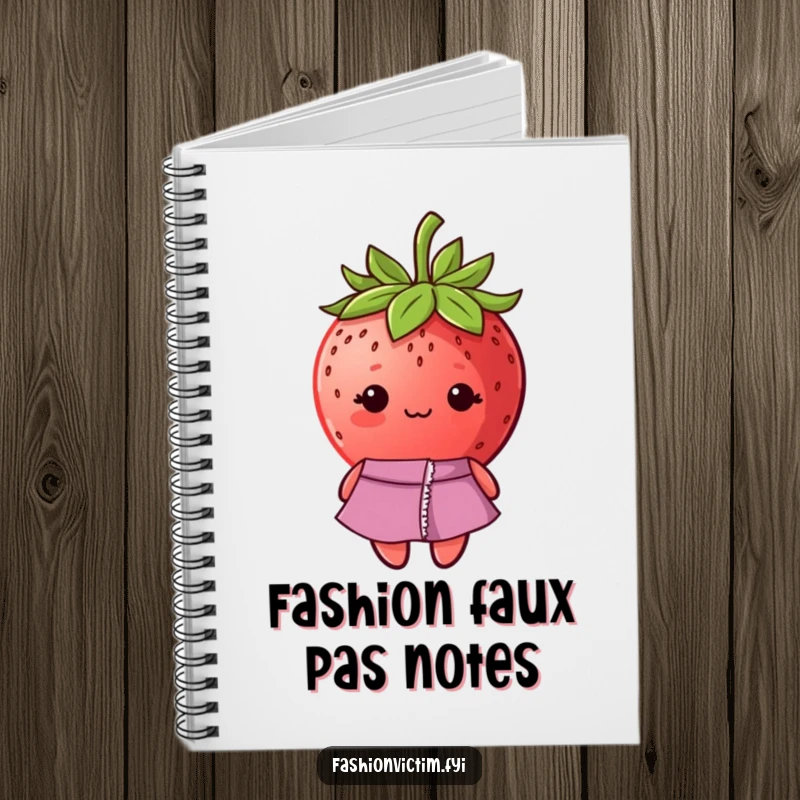 Funny notebook cover showing a shy strawberry with a ripped seam on its fashionable dress, looking thoughtful.