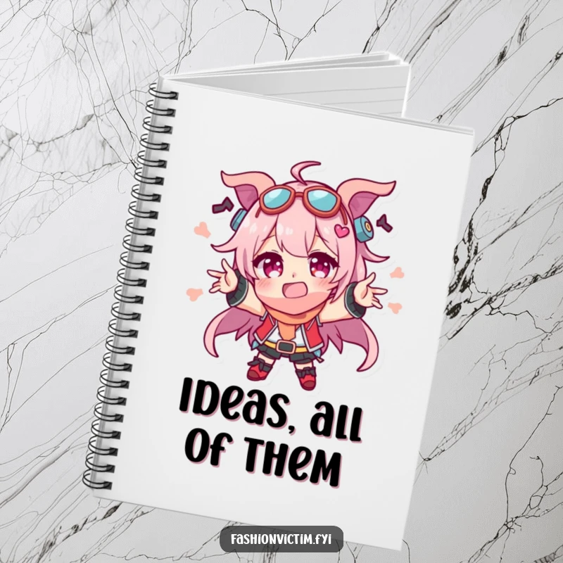 Funny notebook with a character expressing wild ideas, adorned with a comical jumble of mismatched accessories, designed for jotting down hilarious notes.